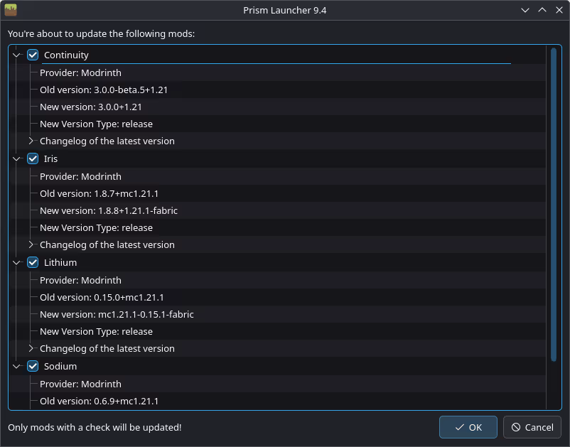 Mod update confirmation list showing current and new versions in Prism Launcher