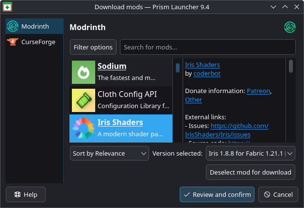 Download mods window browsing Modrinth and CurseForge inside Prism Launcher