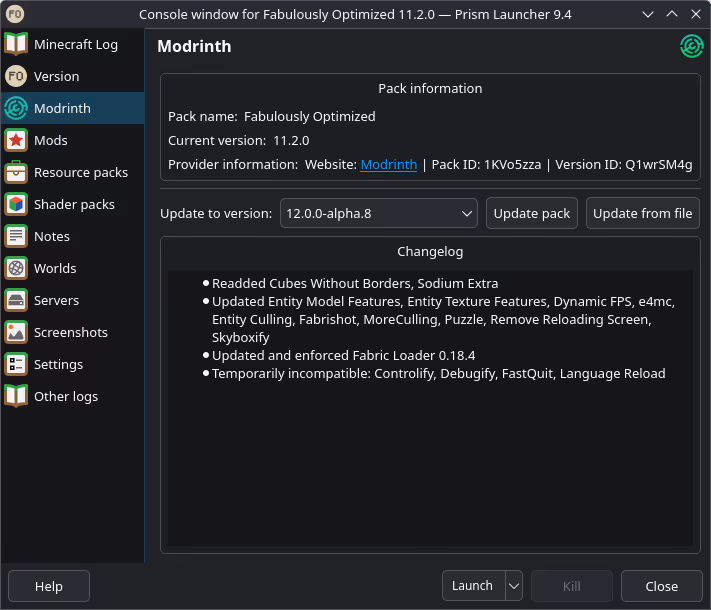Prism Launcher pack information and update view for an installed modpack
