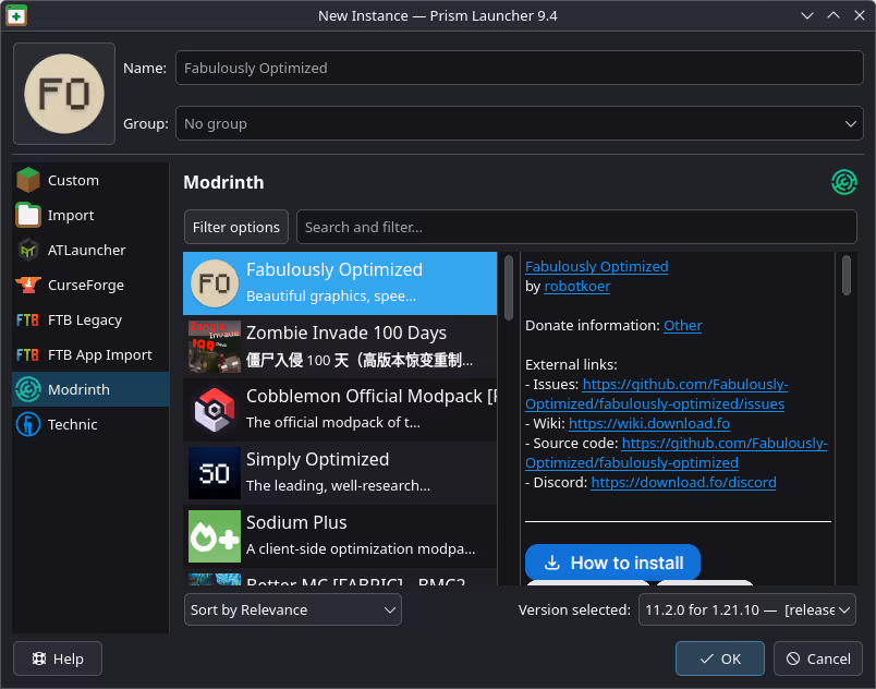 Modpack install view with CurseForge and Modrinth sources inside Prism Launcher