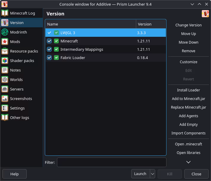 Instance console showing version components and per-instance controls in Prism Launcher